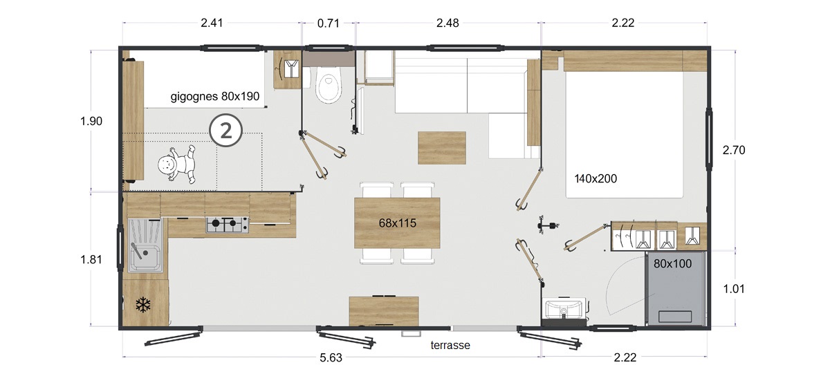 Bungalow 2 chambres 30m² climatisé